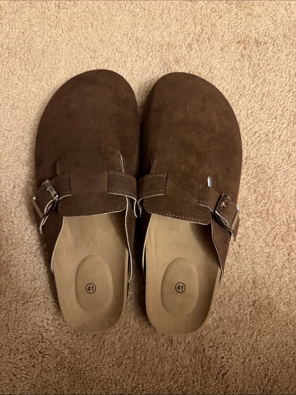 Brown Suede Slip-On Clogs with Buckle